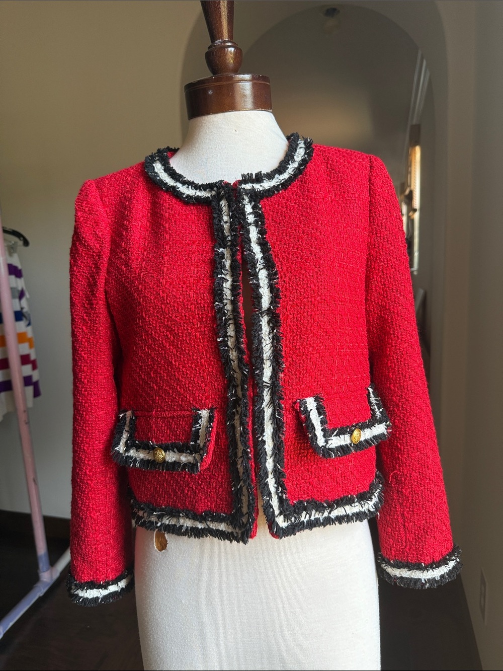 Alice + Olivia Red Bouclé Cropped Jacket with Contrast Fringe Trim